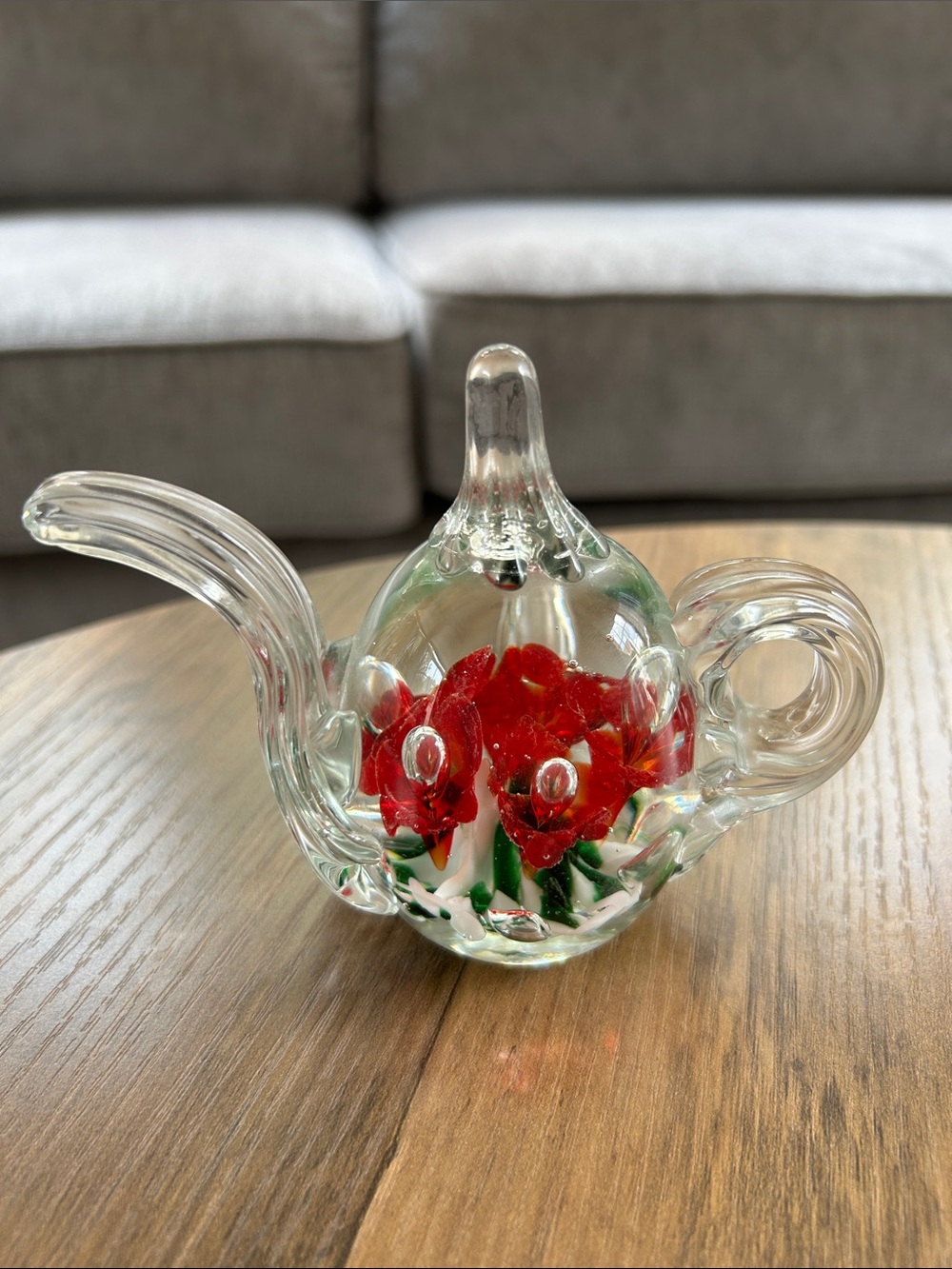 Gibson Vintage Clear Glass Teapot Sculpture with Red Floral Core 1993